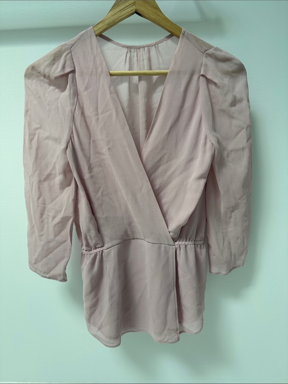 Babaton silk Blush Wrap-Front Puff Sleeve Blouse